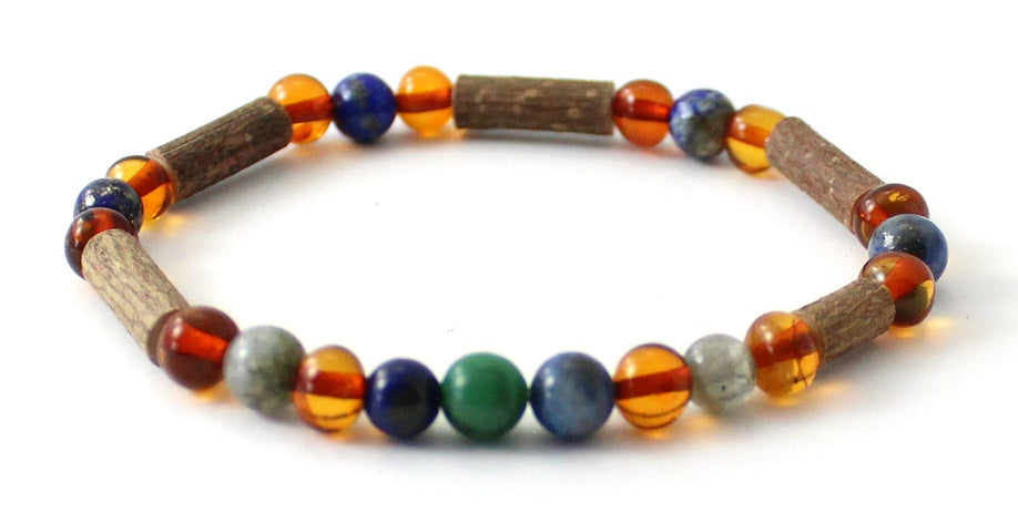 Amber Cognac Stretch Bracelet With Hazelwood, Labradorite and Gems