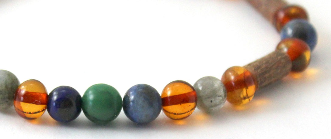 Amber Cognac Stretch Bracelet With Hazelwood, Labradorite and Gems