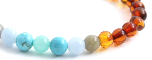 Amber Adult Cognac Stretch Bracelet With Aquamarine and Gems