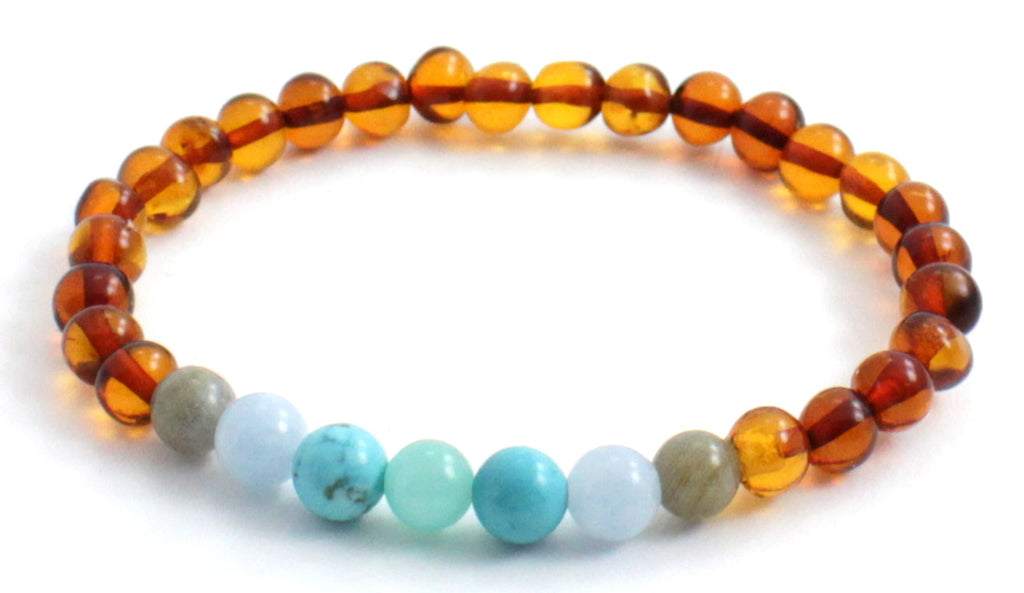 Amber Adult Cognac Stretch Bracelet With Aquamarine and Gems