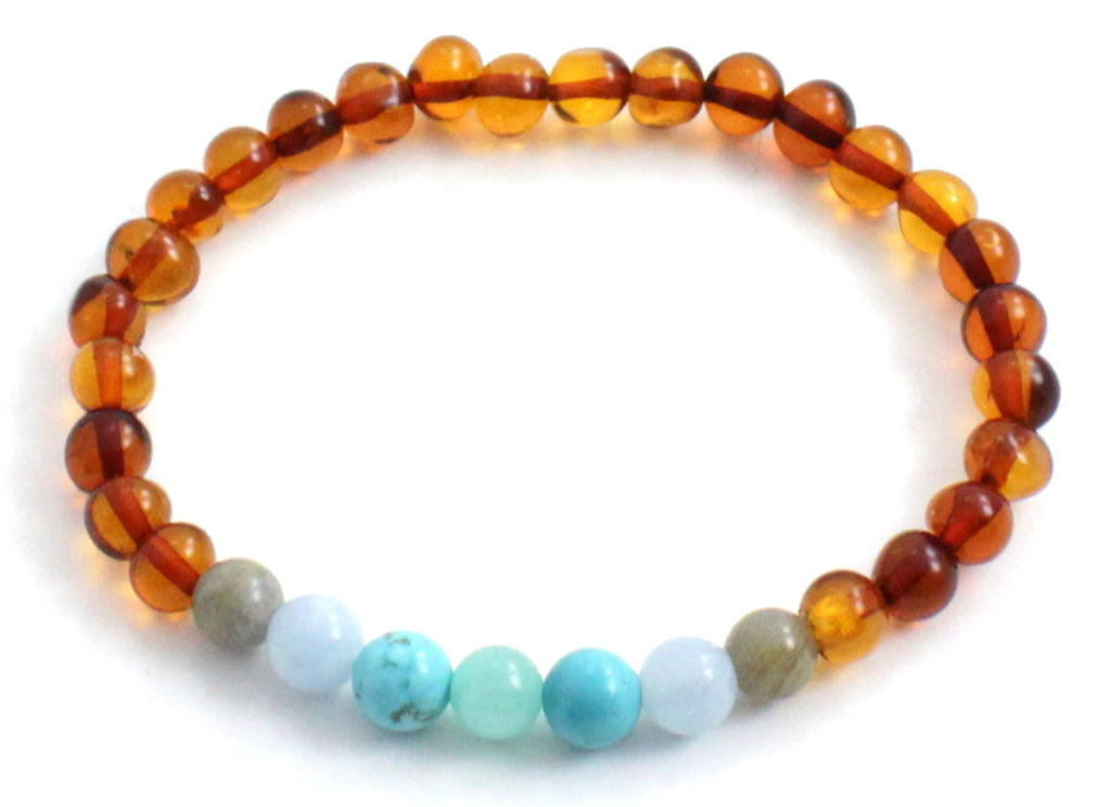 Amber Adult Cognac Stretch Bracelet With Aquamarine and Gems