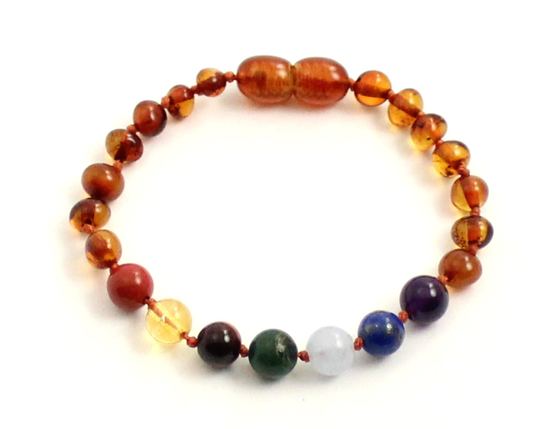 Amber Cognac Knotted Baltic Bracelet With Chakra Gems