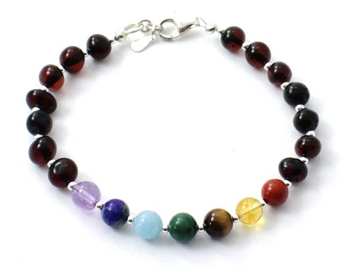 Amber Cherry Adult Bracelet With Silver and Chakra Gems
