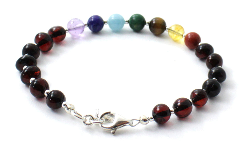 Amber Cherry Adult Bracelet With Silver and Chakra Gems
