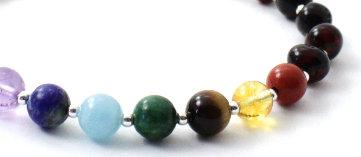 Amber Cherry Adult Bracelet With Silver and Chakra Gems