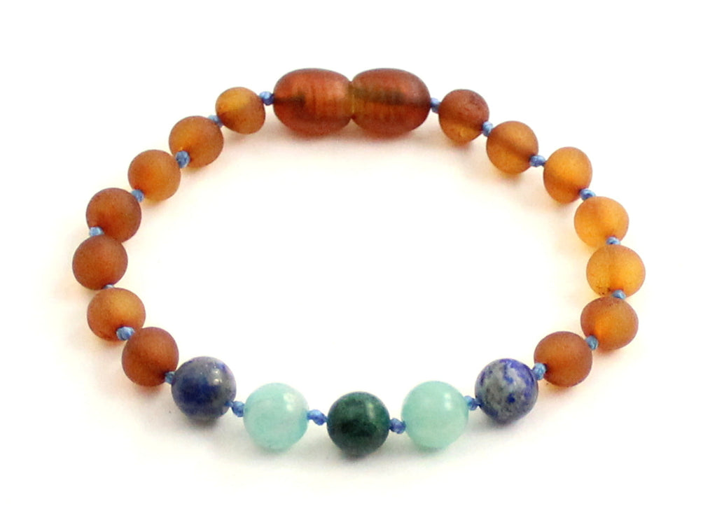Amber Cognac Unpolished Bracelet With Lapis Lazuli and Gems