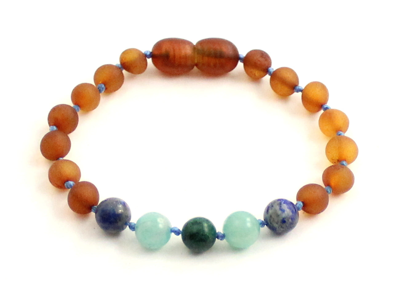 Amber Cognac Unpolished Bracelet With Lapis Lazuli and Gems