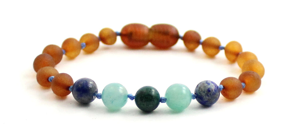 Amber Cognac Unpolished Bracelet With Lapis Lazuli and Gems