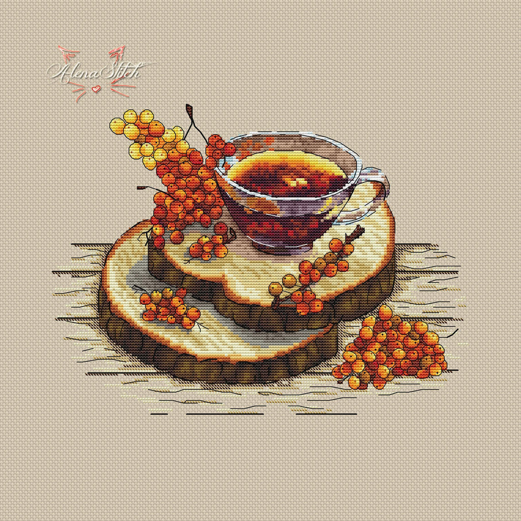 Sea buckthorn tea - PDF Cross Stitch Pattern