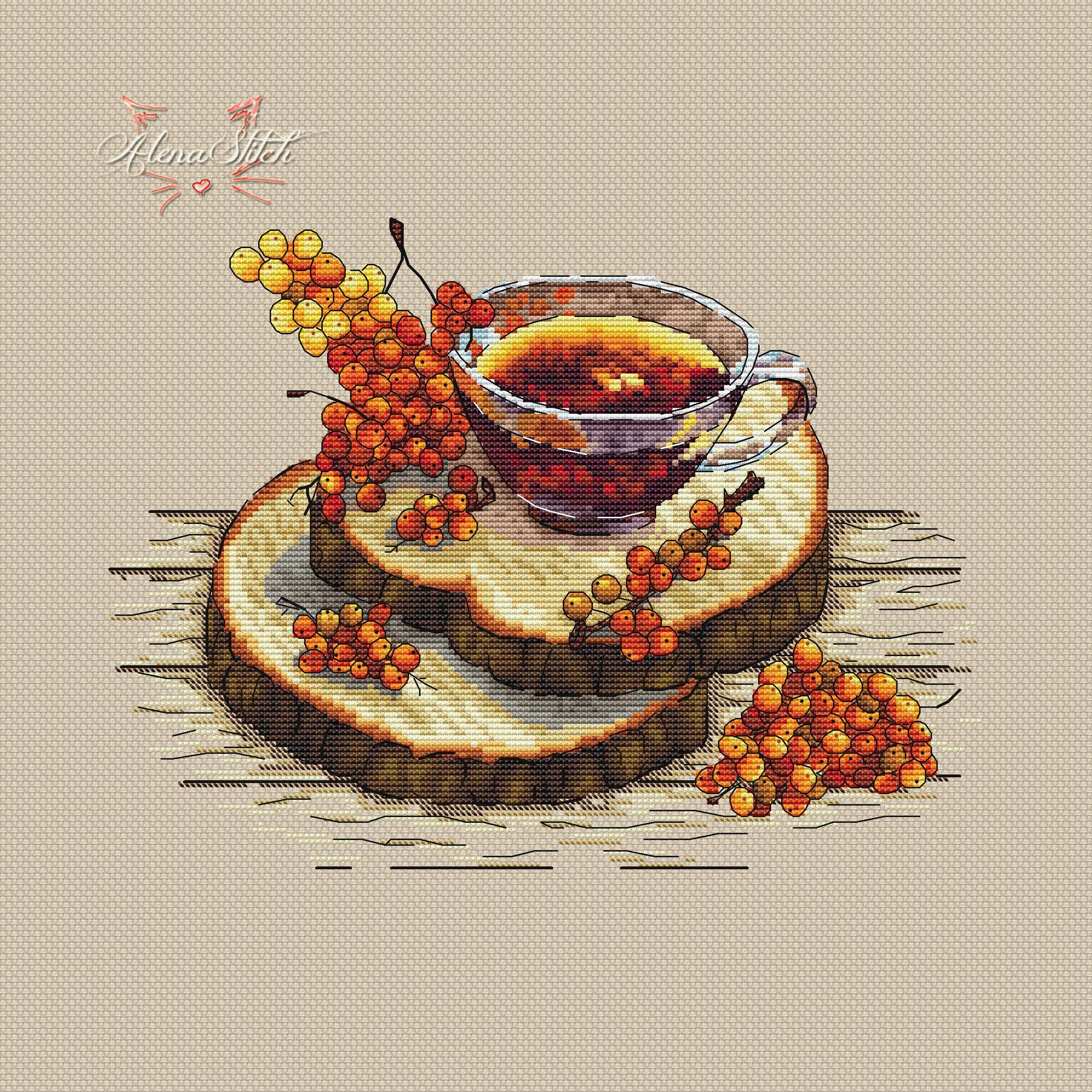 Sea buckthorn tea - PDF Cross Stitch Pattern